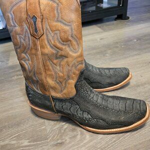 MEN'S BLUE EMBROIDERY AND OSTRICH LEG VAMP SAND NARROW SQUARE TOE COWBOY